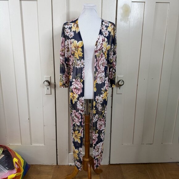 Ultra Flirt Kimono Long Duster Sheer Floral Pattern L Large 3/4 Sleeve Cottage - Picture 1 of 8